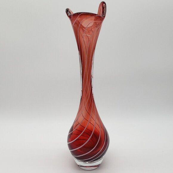 Vintage Esborg, Denmark 1970s Red Cranberry White Swirl Art Glass Vase - Picture 11 of 13